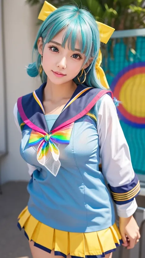 Realistic, photoRealistic, photo-Realistic:1.37, Best Quality, 4K, 8k,  Hi-Res, masterpiece:1.2, Super detailed, Realistic anatomy, Beautiful woman, Sexy Sculpture Idol ,  medium, positive,  Little Smiles ,  high school girl, ( colorful sailor suit from ra...