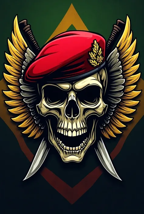 Army logo featuring a skull with a red beret with wings in the colors of the BOPE flag and two knives with the tips pointing down 