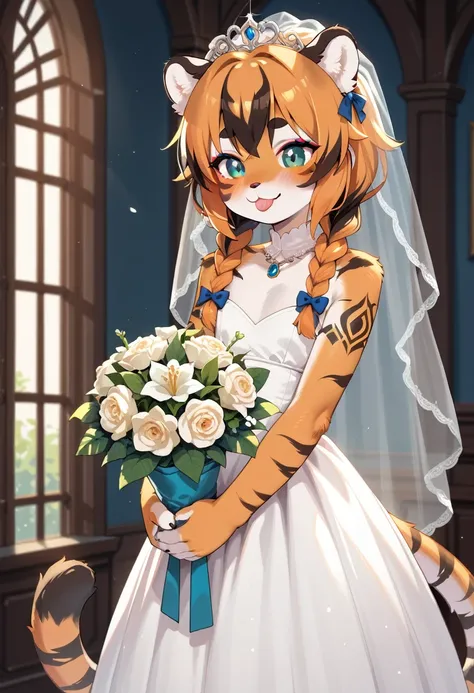 masterpiece, high resolution, best quality, baby body, baby height, flat chest, baby face, furry tiger girl holding a large bouquet of flowers, wedding dress, tiger ears, tiger tail, fluffy fur, multicolored hair, twin braids, piercing, makeup, tattoo, emb...