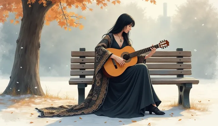 At a park in Tokyo in October、 sit alone on a bench in the early winter park、 is playing the guitar。 was wearing a long black long dress and wearing a damask pattern shawl、Beautiful woman with long black hair、Includes earrings and necklace、Watercolor