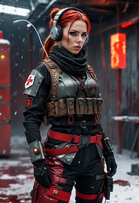 Full body from head to toe, post apocalyptic, high definition, 1 woman, solo, (detailed face), red hair, long hair tied back, military nurse outfit, blood drops on arm, red and black outfit, snowy background, gun Targeting Aggression, Mechanical, Glowing E...