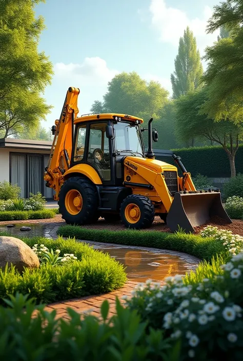 Realistic backhoe working in modern home garden 8k