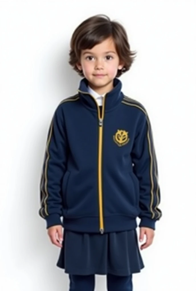 ACT AS AN EXPERT AND HELP ME CREATE A SCHOOL UNIFORM OUT OF A JACKET THAT HAS A ZIP ON THE FRONT, A LONG NAVY BLUE SLEEVE THAT HAS A THICK CERULEAN BLUE LINE ON THE SLEEVES AND A BRIGHT YELLOW LINE THAT HAS NO DRAWINGS OR ANYTHING ELSE BESIDES THAT THE IMA...