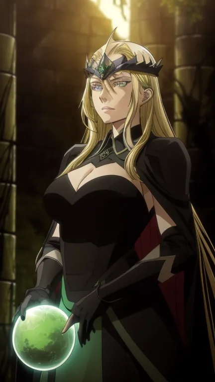 blonde woman with blue eyes with a powerful and mystical appearance. she is dressed in green and black armor that covers much of...