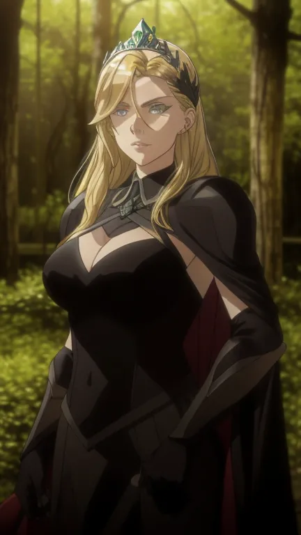 blonde woman with blue eyes with a powerful and mystical appearance. she is dressed in green and black armor that covers much of...