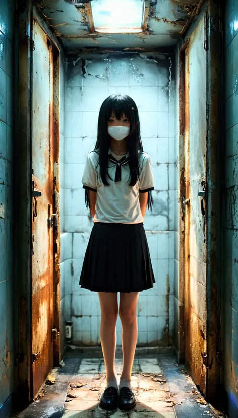 The 「Hanako of the Toilet」。 girl standing in an old school toilet is wearing a dark uniform and 、 long black hair covering her face with bangs 。 she has a cold and creepy smile 、 illuminated by a fuzzy pale light 。 private toilet rooms are lined up in the ...