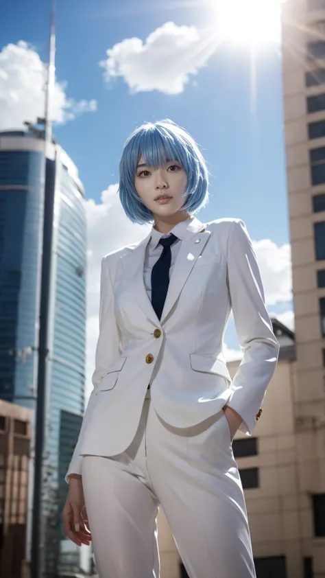 rei ayanami, known for her short blue hair and red eyes,  under the sun shining softly through the clouds 、 cityscape . she brea...