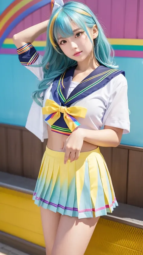 Realistic, photoRealistic, photo-Realistic:1.37, Best Quality, 4K, 8k,  Hi-Res, masterpiece:1.2, Super detailed, Realistic anatomy, Beautiful woman, Sexy Sculpture Idol ,  medium, positive,  Little Smiles ,  high school girl, ( colorful sailor suit from ra...