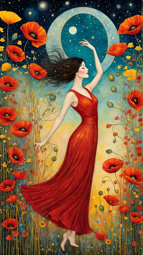 Create a mesmerizing scene inspired by the enchanting art styles of Klimt, Sam Toft, Florine Stettheimer, Dina Wakley, Catrin Welz-Stein, Gabriel Pacheco, and Elisabeth Fredriks.

Depict a woman with dark blonde hair, gracefully dancing with her arms uplif...