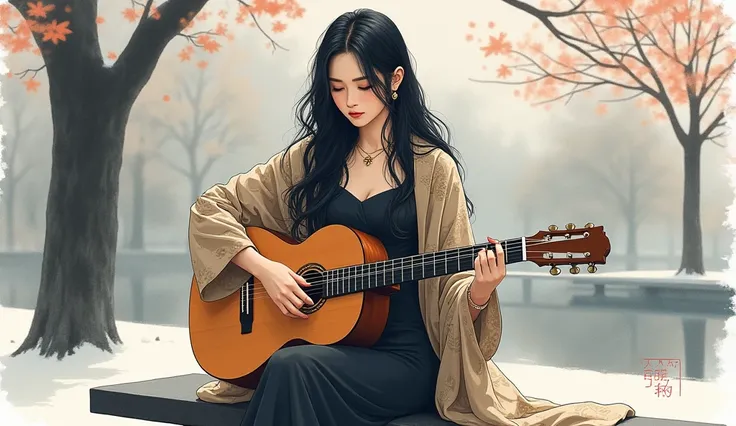 At a park in Tokyo in October、 sit alone on a bench in the early winter park、 is playing the guitar。 was wearing a long black long dress and wearing a damask pattern shawl、Beautiful woman with long black hair、 bust shot 、Includes earrings and necklace、Wate...