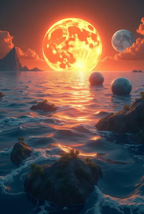 a planet that has more water than Earth ,  that looks as photographed by NASA and that has 3 moons and a big Sun
But that the protagonist seals the water planet, not just the Sun 