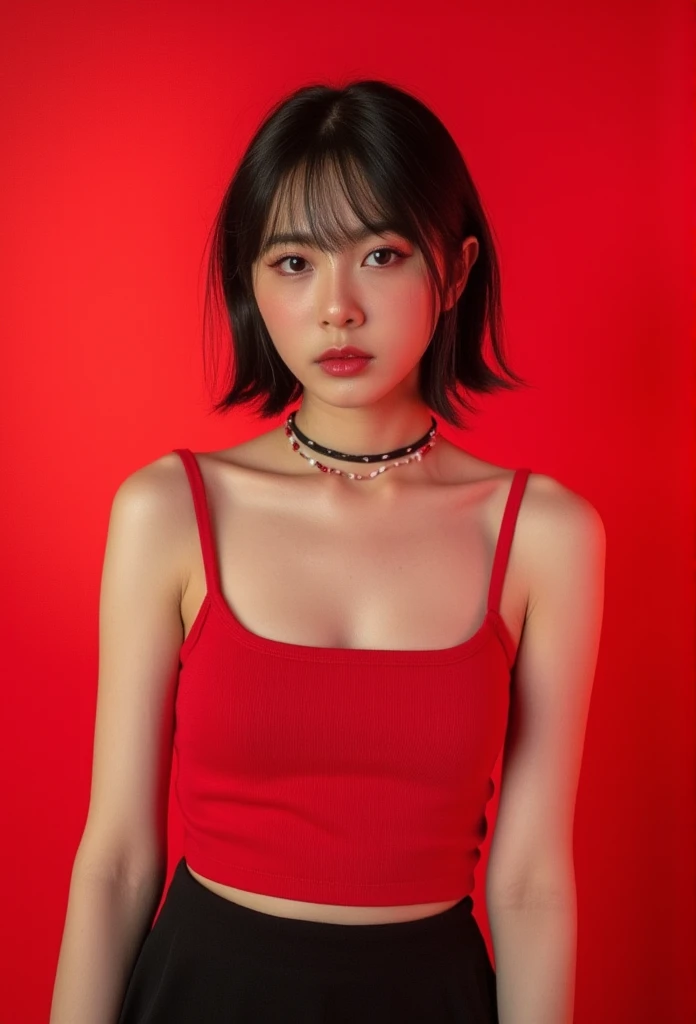 a young thai woman with a black  hairstyle. She is wearing a red camisole , big breast, and black skirt, punk makeup, look at camera, The background is a vibrant red,