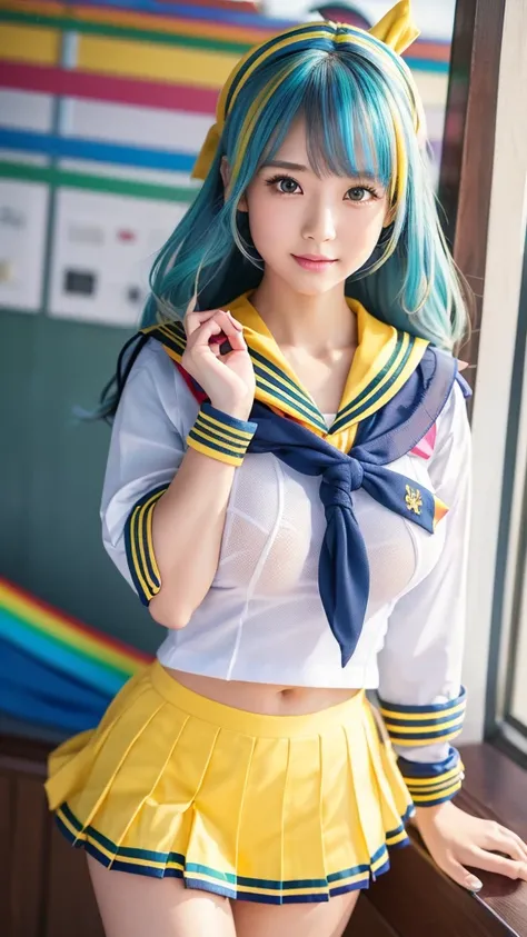 Realistic, photoRealistic, photo-Realistic:1.37, Best Quality, 4K, 8k,  Hi-Res, masterpiece:1.2, Super detailed, Realistic anatomy, Beautiful woman, Sexy Sculpture Idol ,  medium, positive,  Little Smiles ,  high school girl, ( colorful sailor suit from ra...