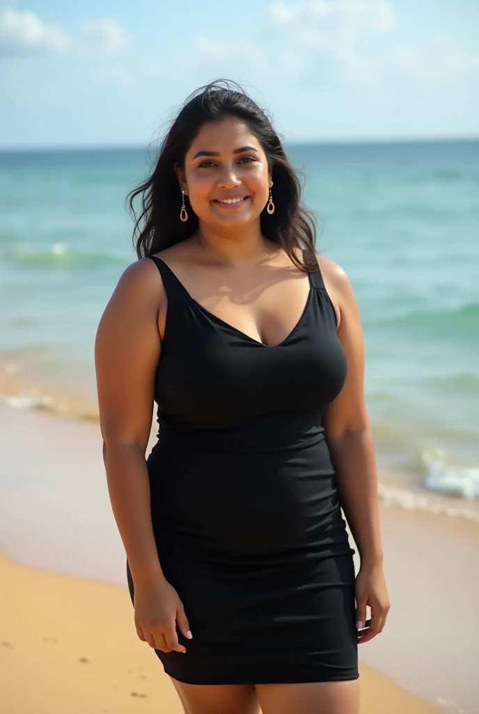 Absolutely real image of a 25 years beautiful pretty gorgeous Indian some lightly plumb girl wearing black dress, is enjoying the beauty of beaches 