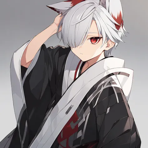 A male with short white hair and red eyes wearing a black kimono.It has fox ears that cover one eye. His age is 17.