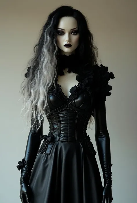  A female mannequin with long black and white curly hair wearing haute couture style clothing such as Thierry Mugler,  desired fabrics : leather, latex, velvet and lace . The inspiration for the clothes are the movies Alien and Hellraiser . Show the full b...