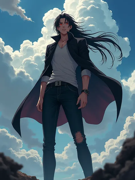 anime style, man, brunette, long hair, black hair, red eyes, frowning face, omnipotent pose, ripped pants, cloudy weather, tense atmosphere, cloudy sky.