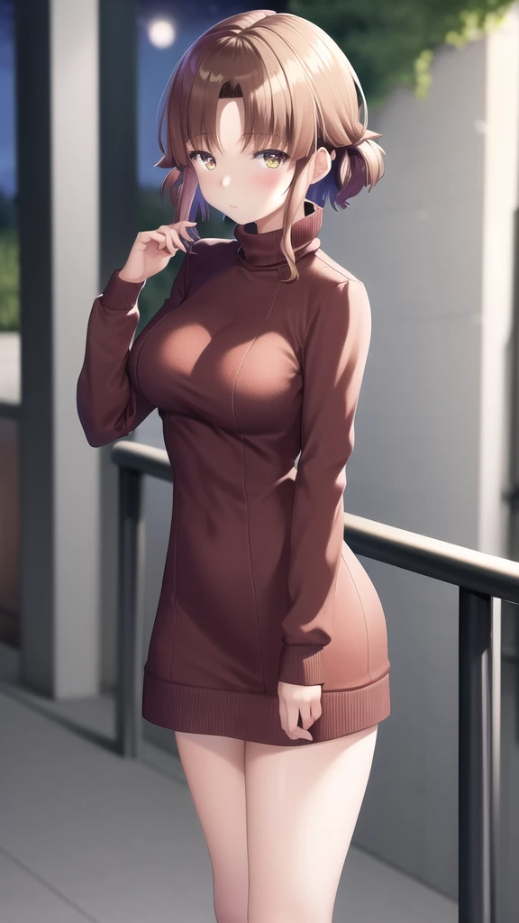 masterpiece, best quality, highres, girl, kiyotaka ayanokoji, medium breasts, sweater dress, long sleeves, turtleneck, outdoors, street, standing, cowboy shot, night