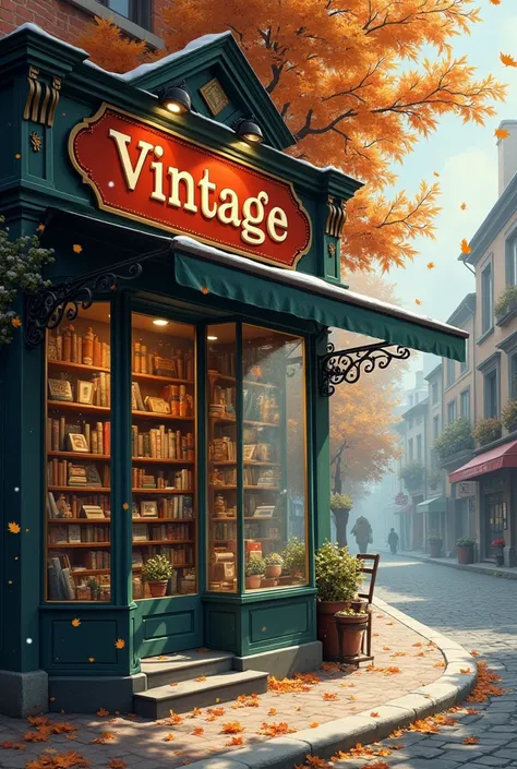 Vintage bookshop in the old part of the town with the sign "Vintage", autumn leaves and snowflakes flying