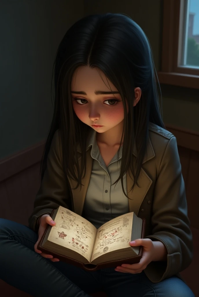  Thin girl in jeans and jacket with a diary with cryptic writing, She with an expression of confusion  