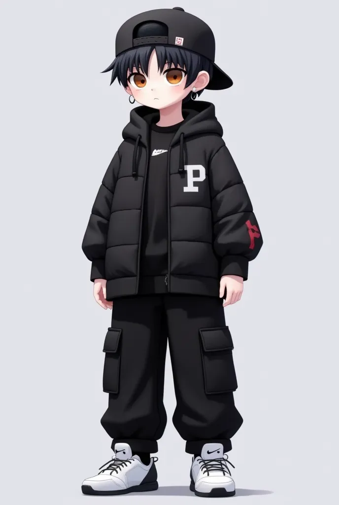 1boy,,backwards hat,baggy pants,bangs,baseball cap,black eyes,black footwear,black hair,black headwear,black jacket,black pants,brown eyes,closed mouth,earrings,full body,gradient,gradient background,grey background,hat,hood,hood down,hoodie,jacket,long sl...