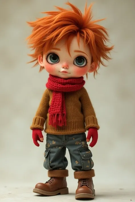 1 white blythe doll guy with a redhead mullet with a lot of layers, bangs, freckles, a red scarf and gloves, a brown sweater, and gray paint splattered cargo pants 