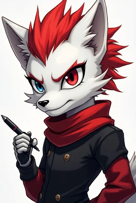 zorro, anthro,  white fur,  mohican style hair ,  red hair , bi-color eyes ,  red left eye, blue right eye , pen, pen canino, Alone