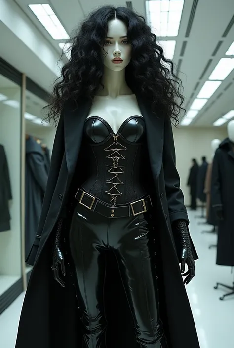  A female mannequin ,  long curly hair wearing haute couture style clothing such as Thierry Mugler,
 desired fabrics , leather and latex .  Desired pieces ,  corset pants or full body jumpsuit ,  and a trench coat finishing . The inspiration for the clothe...