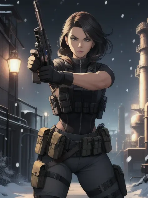 Create a beautiful and fit female character from the video game Rainbow Six, shes designed by Vivian Rocray. Shes Navajo, shes 27-years-old, has tan-bronze skin, amber colored irises and her hair is black and short. (She is wearing a gray tactical bodysuit...