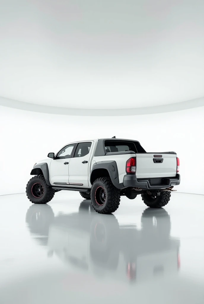 A captivating photograph of a luxurious 
back view white  Toyota Corolla pickup truck set against the untruedrop of a minimalist and pristine white showroom. The large, rugged tires command attention, reflecting the trucks immense capability and strength. ...