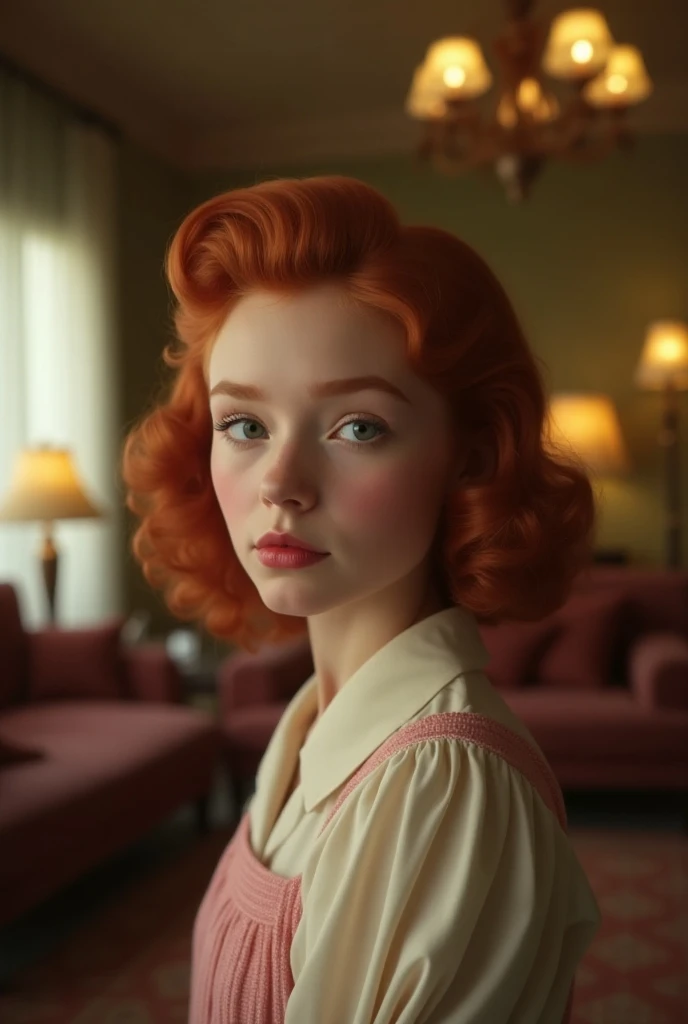 Detailed and wide shot of a beautiful 15-year-old red-haired girl,   with a 1950s hairstyle with loops and dressed in the style of 1950,  is in a vintage-style living room  