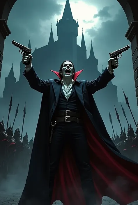 Count Dracula in a castle fighting an army, usando duas pistolas