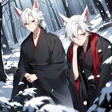  A 20-year-old male with white hair, red eyes, fox ears, wearing a black kimono. Its snowing in the forest.