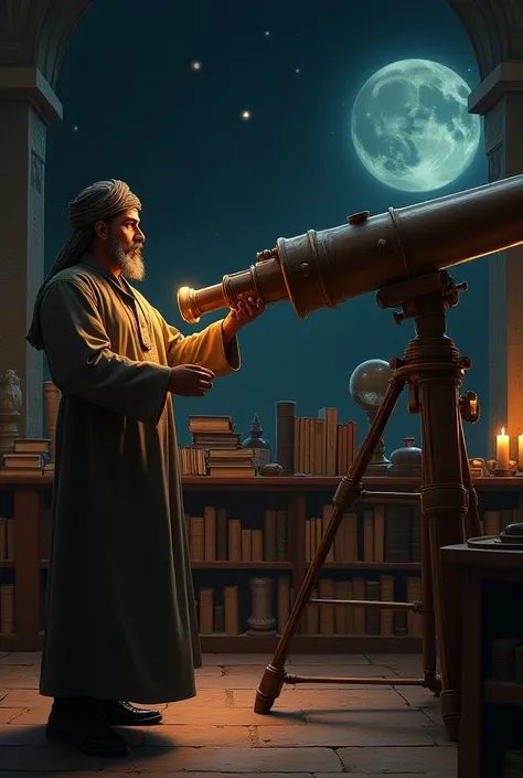 Realistic image in the year 1920  inside an observatory in Ankara, turkish astronomer in traditional clothes of his country and a goater beard. He is  looking trough a huge telescope