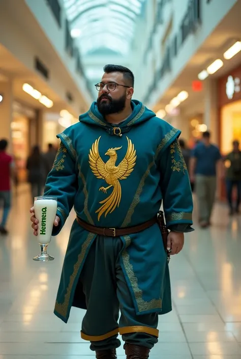 a man with short black hair, a stylized black beard and transparent glasses, a little fat (about 70 kilos), his height is 1.73 meters. He wears a blue witchers robe with gold details (his robe has the silhouette of a golden phoenix), he carries a large whi...