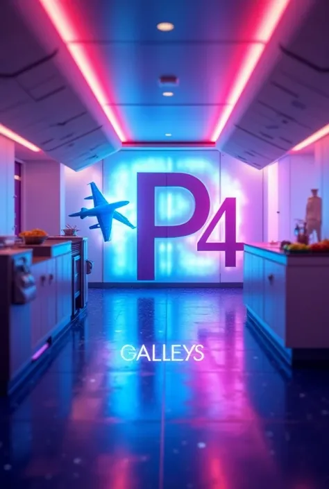 irredescent color airbus galley background. "P4" capital "P" big logo in the middle with airplane concept. a word "GALLEYS" AT THE BOTTOM