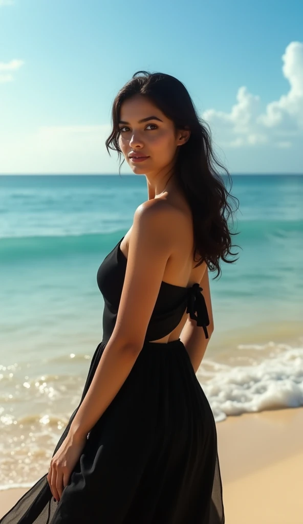 Absolutely real image of a 25 years beautiful pretty gorgeous Indian lightly plumb girl wearing black long dress, is enjoying the beauty of beaches 