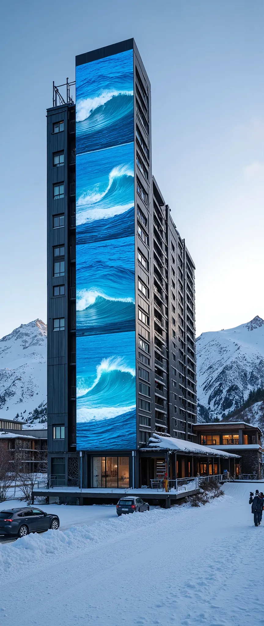 (masterpiece:1.2),(Best Quality),(Super detailed),(  Ultra High Definition),(  photorealistic),(  RAW Photos),16k, wallpaper,  Close up of a ski resort hotel building composed of multiple LED screens , All LED screens depict Hawaiian ocean views  ,progressive,  Installation Art,(noon)