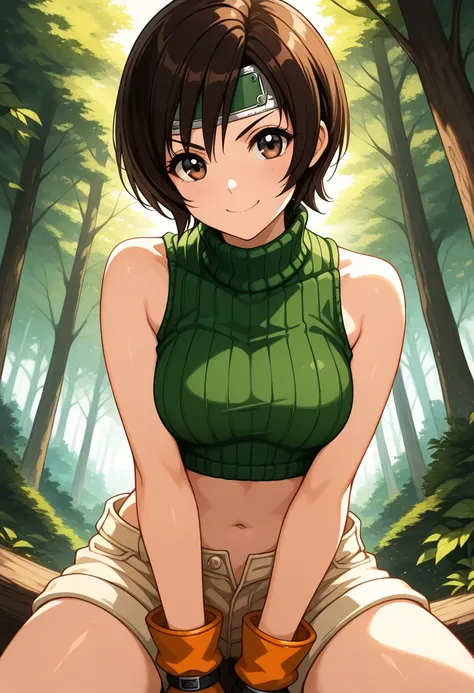 (masterpeace,Best Quality),(absurdres),(source_anime),intricate, hyper-detailed, pixiv style, BREAK 1girl, yuffie kisaragi, final fantasy, short hair,headband,navel,sleeveless,turtleneck,brown eyes,sleeveless turtleneck,solo,breasts,looking at viewer,smile...