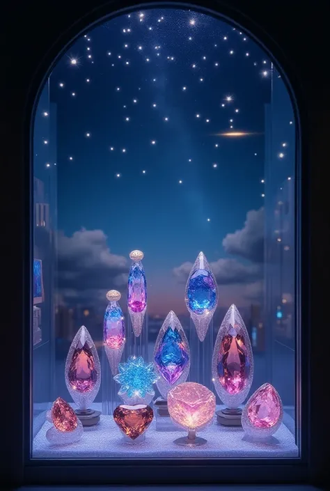 window display, night, starry sky, twilight zone, Gemstone jewelry in the middle, Gently sparkles