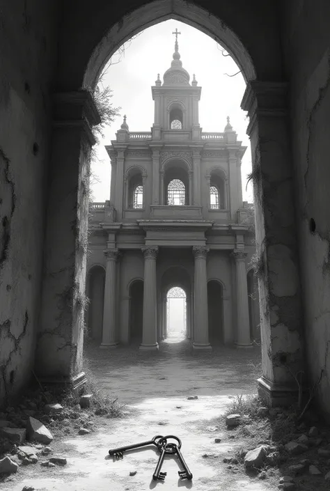 It is a ruined building, it is illuminated but in sunlight, without people, and in the middle there will be some kind of keys, as in Guitar Hero, it will be in pencil, as an animated species, and it will be in black and white.