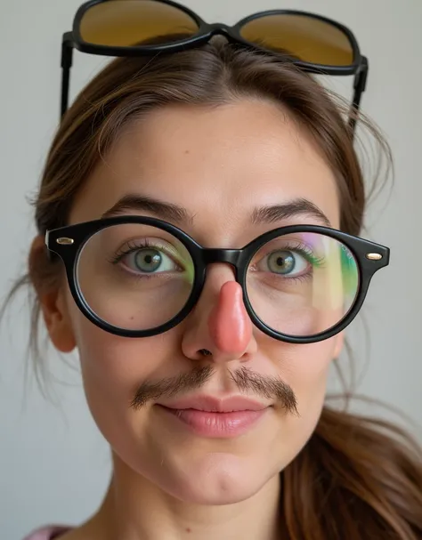 Woman with fake nose from party goods, wearing funny sunglasses with beard and nose, big black rimmed round glasses, thick round glasses, wide nose, big nose, straight nose, beard on nose, Squawker blowouts from nose, party goods, close up portrait of face...