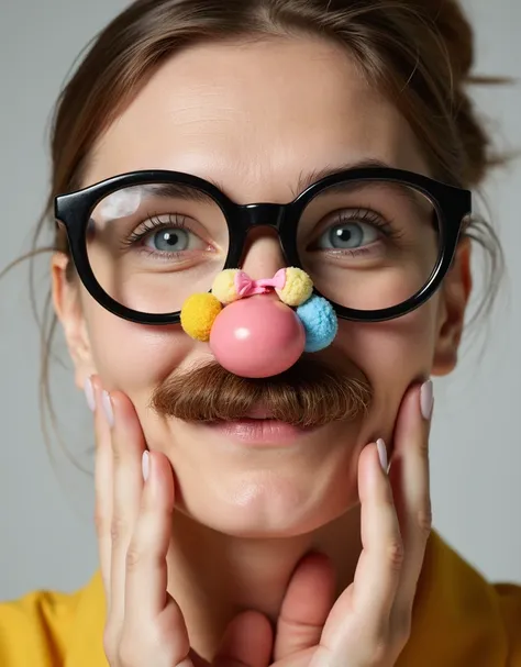 Woman with fake nose from party goods, wearing funny sunglasses with beard and nose, big black rimmed round glasses, thick round glasses, wide nose, big nose, straight nose, beard on nose, Squawker blowouts from nose, party goods, close up portrait of face...