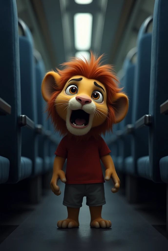 Prompt 2: "Suddenly, the lights in the train go off, leaving the cabin in complete darkness."A 3d pixar style cute lion cub with a large fluffy mane and expressive, scared and scary eyes, wearing a red shirt and grey Shorts, lion cub is 
