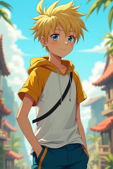 Anime Character : A young boy around the age of 15. He is tall with blue eyes and a yellow ponytailand a blue bang. He has a slim and fit body.