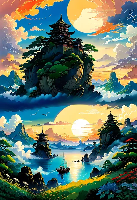 Sunrise time,  Ghibli Studio,  Best Quality, masterpiece,  Very beautiful ,  Perfectly composed  , meticulous,  Super Fine