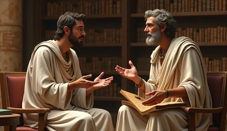 664–332 BCE , An Egyptian scholar, in a simple linen robe, conversing with a Greek philosopher in a himation. They are both holding scrolls and gesturing animatedly. The backdrop shows a study or library in Naucratis with shelves filled with papyrus scroll...