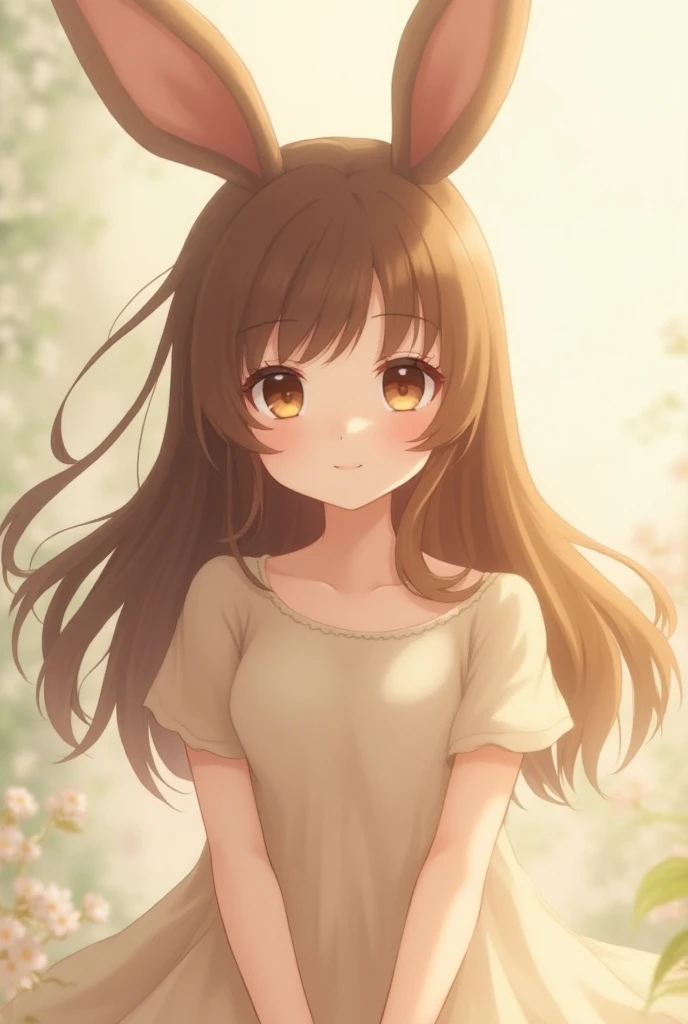 Anime girl, brown bunny ears, brown hair, brown eyes, in a dress 
