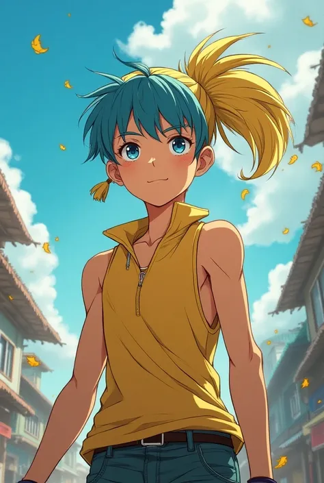 Anime Character : A young boy around the age of 15. He is tall with blue eyes and a yellow ponytailand a blue bang. He has a slim and fit body.