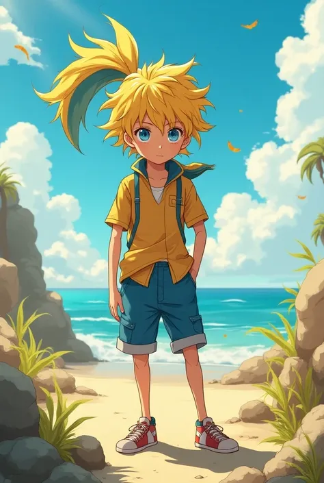 Anime Character : A young boy around the age of 15. He is tall with blue eyes and a yellow ponytailand a blue bang. He has a slim and fit body.